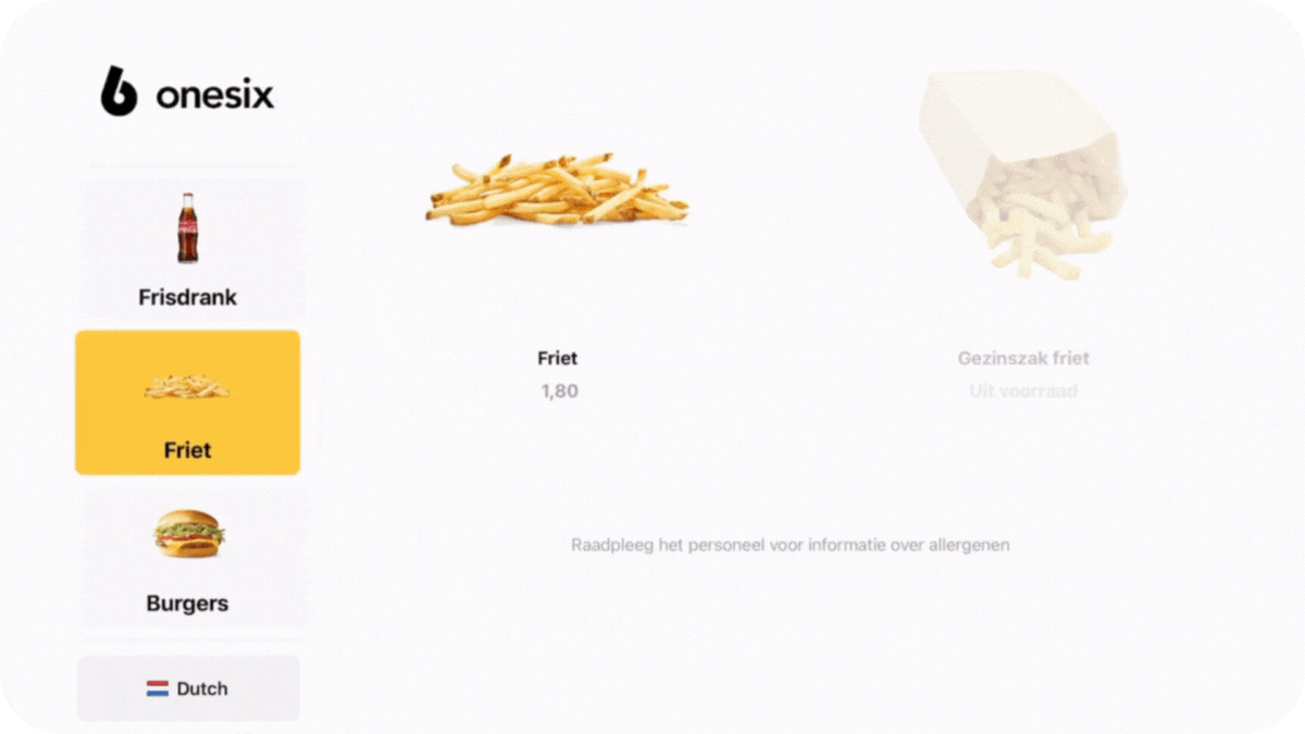 Onesix menu screen highlighting fries priced at 1.80 with options for soda, fries, and burgers; family-size fries are out of stock.