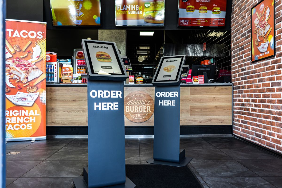 Onesix Kiosk in a hospitality venue, choosing between renting or buying a self-order kiosk