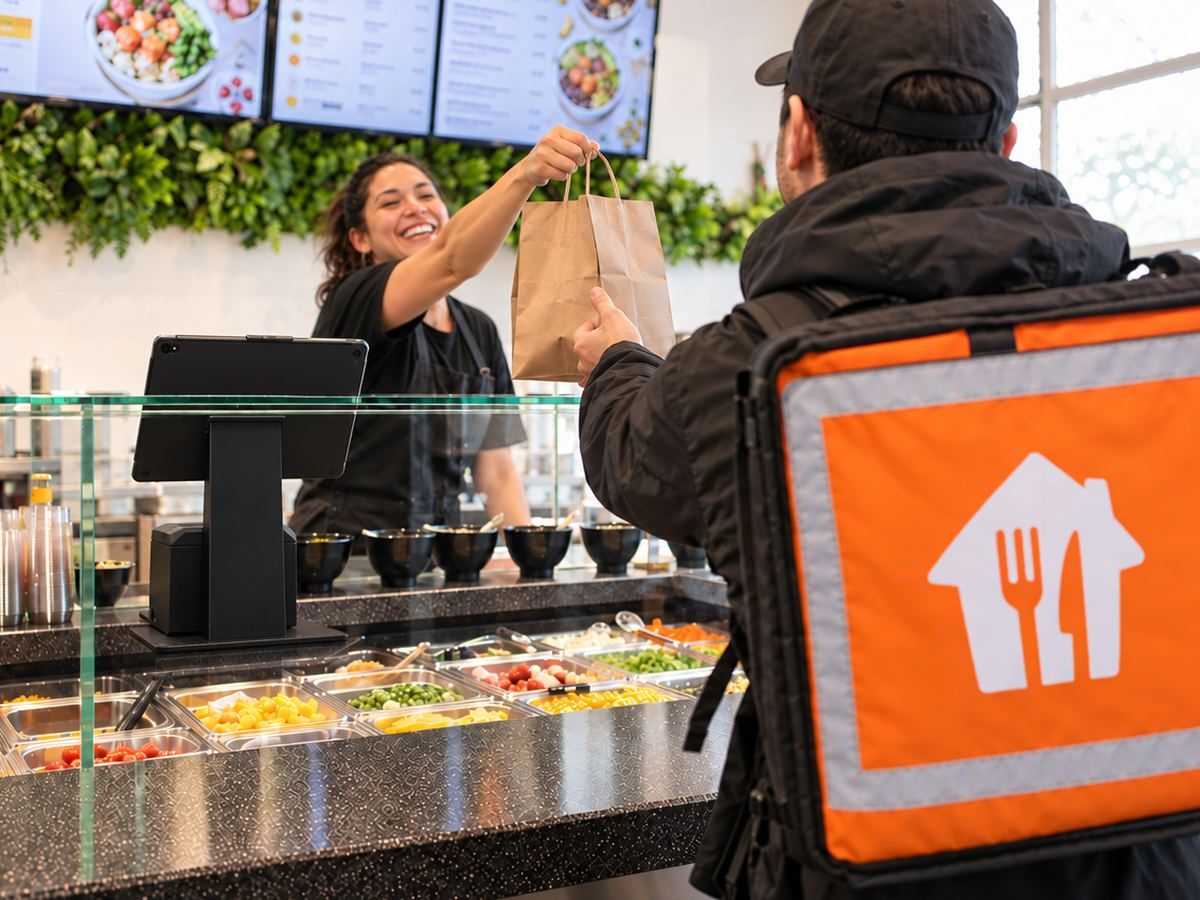 Employee handing an order to a Thuisbezorgd courier, with the Onesix POS on the counter