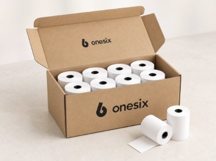 Box of Onesix receipt rolls with loose rolls in front
