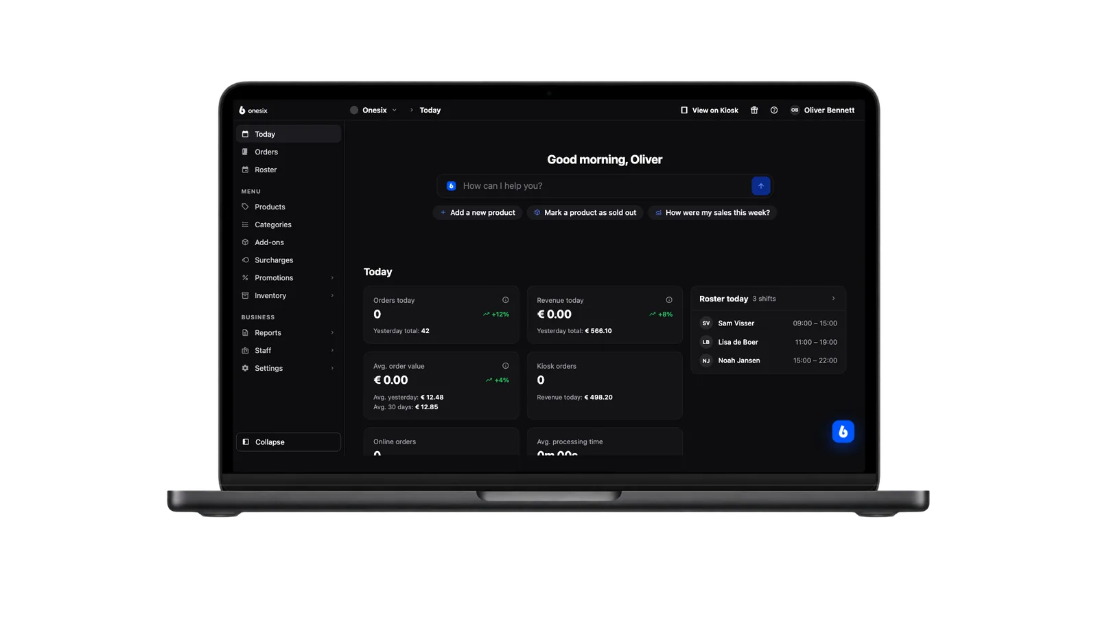The Onesix Dashboard on a MacBook with today's figures: orders, revenue and average order value