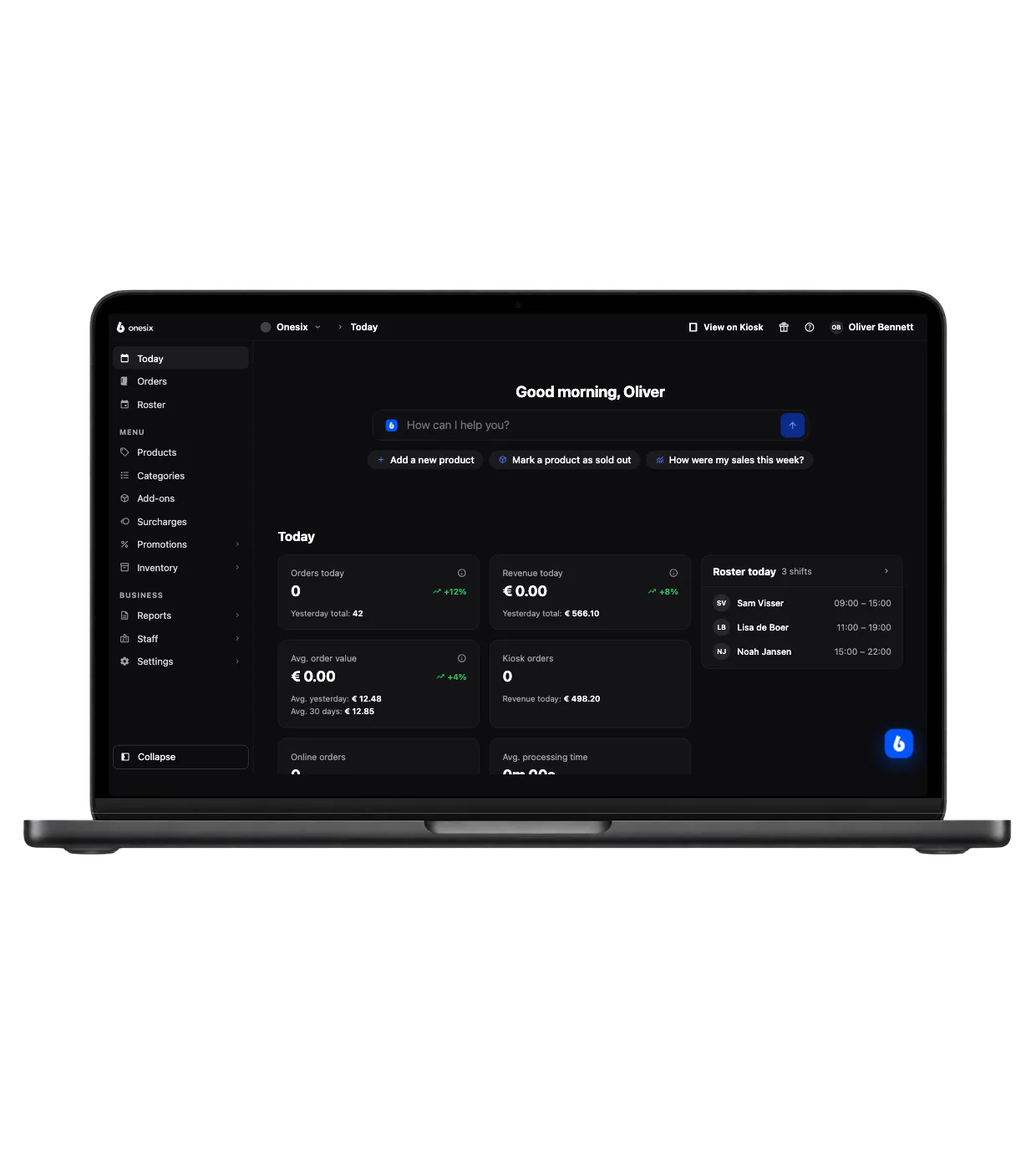 The Onesix Dashboard on a MacBook with today's figures: orders, revenue and average order value