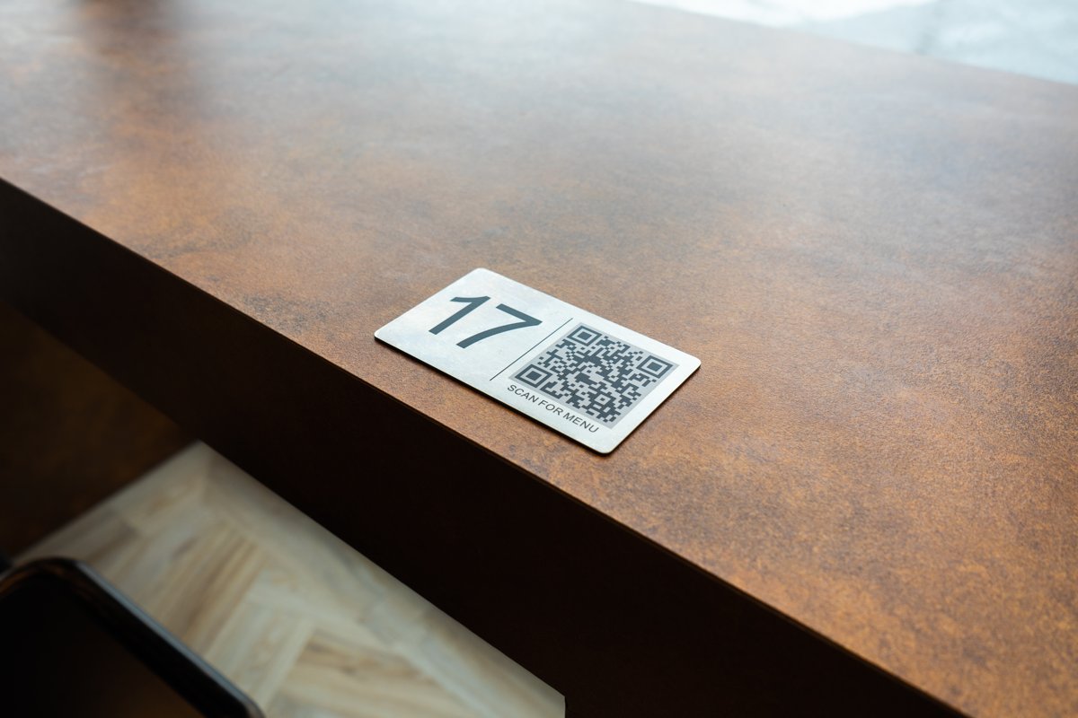QR code on a table marker for ordering via the Online Kiosk, no app download needed