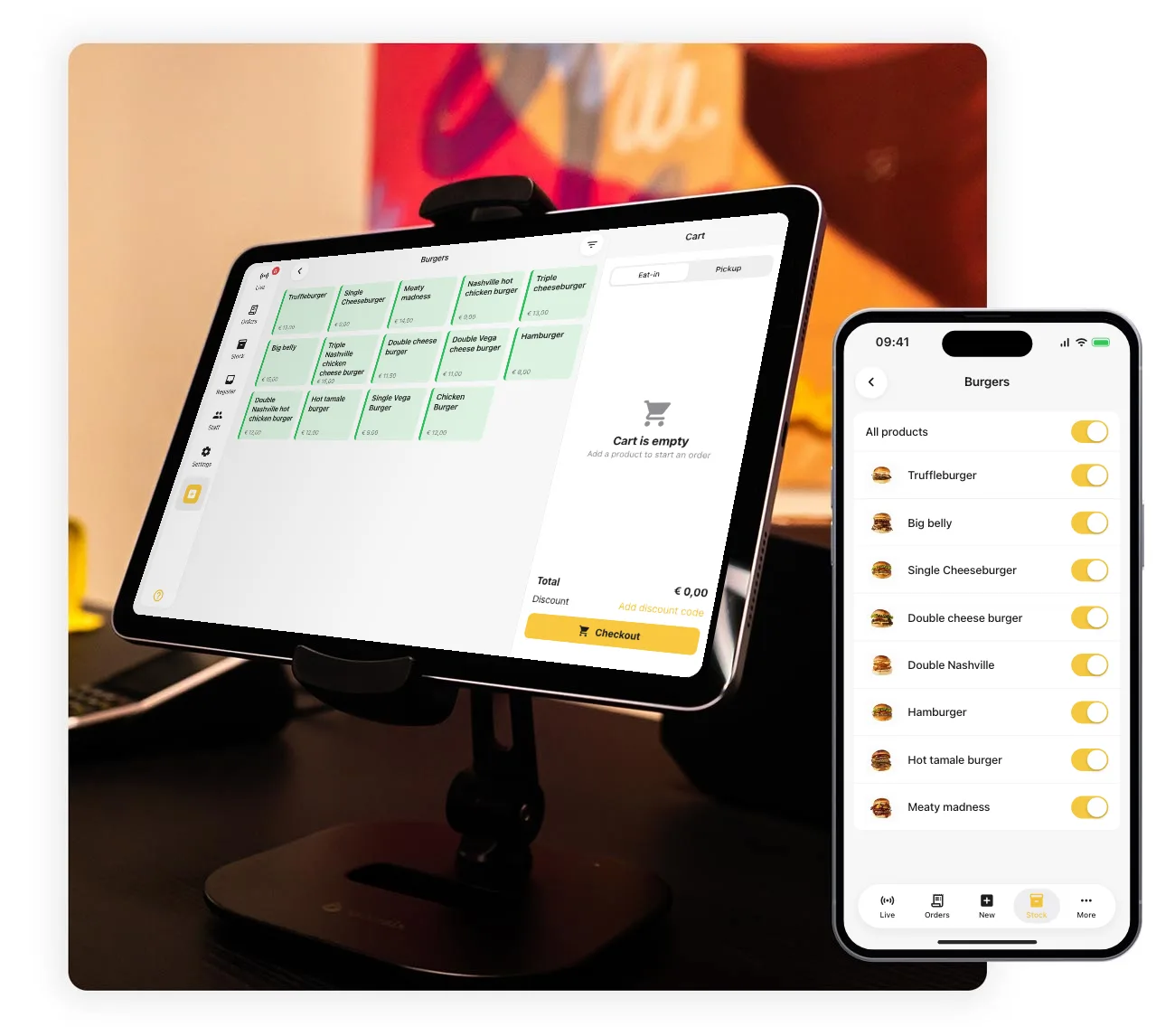 Onesix POS on a tablet and product management in the iPhone app