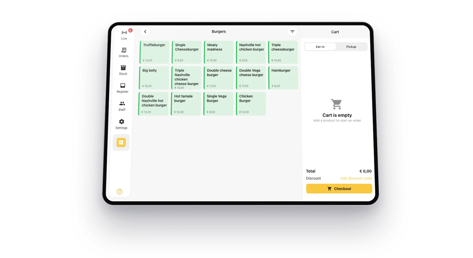 Onesix POS on an iPad: ringing up an order, the receipt and the Kitchen Display