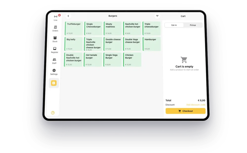 Onesix POS on an iPad: ringing up an order, the receipt and the Kitchen Display