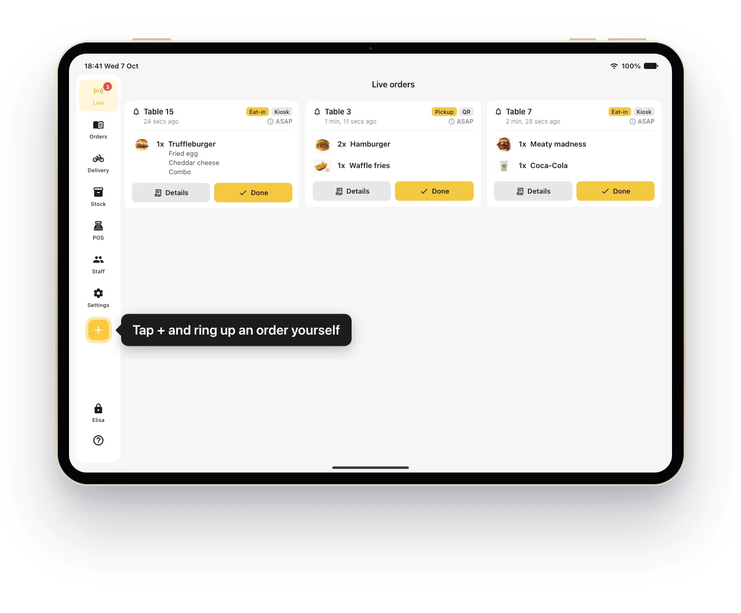 Try it yourself: ring up an order in the Onesix POS on this tablet