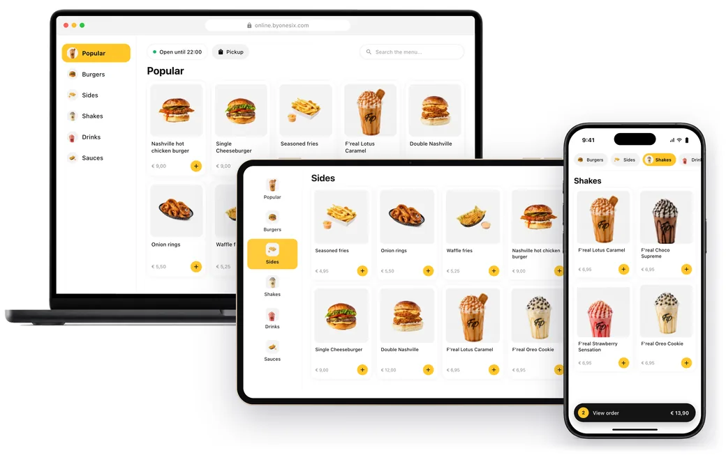 Onesix Online Kiosk menu for QR ordering across multiple screens