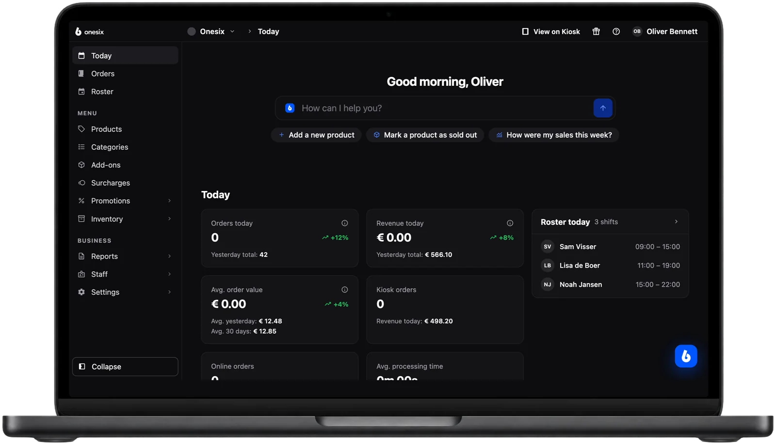 Today page in the Onesix Dashboard with daily revenue and orders