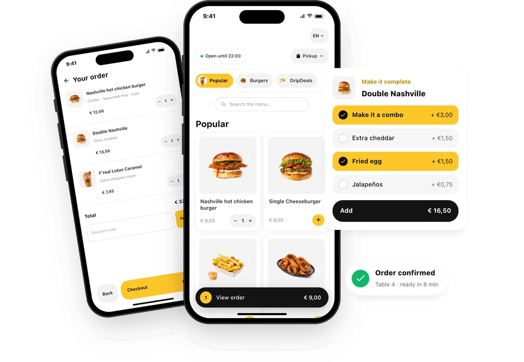 Onesix Online Kiosk on two phones: the menu, the order, picking extras and a confirmed order